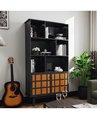 Bookcase with Cabinet, Bookshelf with Doors, Black&Honey