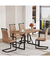 Retro Wood Table & 4 Brown Tech Fabric Chairs