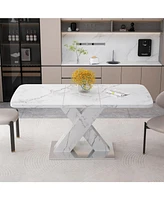Modern Square Dining Table, Stretchable, with Printed White Marble Table Top+Mdf X-Shape Table Leg with Metal Base
