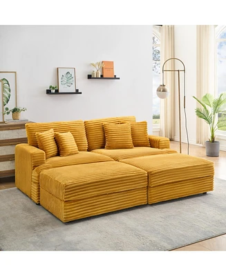 82 inches orange corduroy sofa, two storage feet +4 throw pillows, create a living room, office fashion new darling!