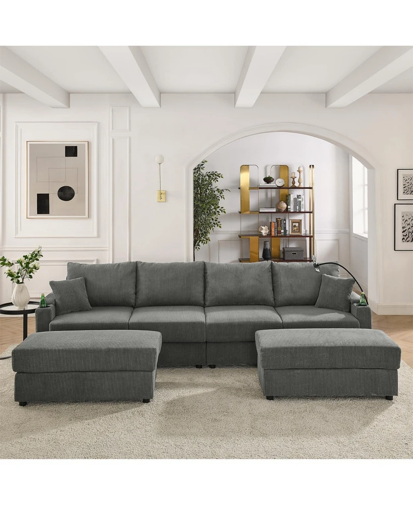 Modern U-Shaped Sofa with Ottomans & Storage: Grey Corduroy