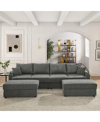 Modern U-Shaped Sofa with Ottomans & Storage: Grey Corduroy