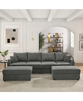 Modern U-Shaped Sofa with Ottomans & Storage: Grey Corduroy
