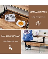 Multifunctional Lift Top Coffee Table with Glass Legs and Wood Grain Sticker, Perfect for Modern Home and Office
