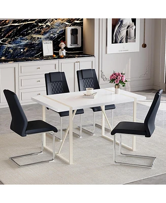 Cream-Style Mdf Dining Table Set with 4 Black Chairs and Silver Legs