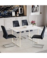Cream-Style Mdf Dining Table Set with 4 Black Chairs and Silver Legs