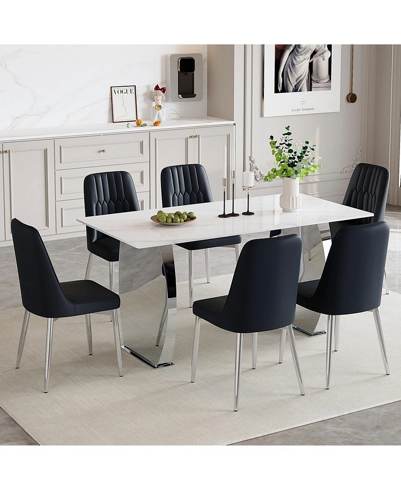 Snow Mountain White Dining Table Set with 6 Black Chairs