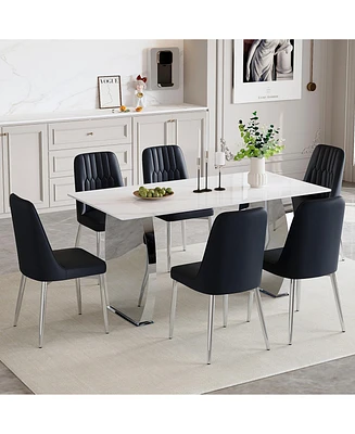 Snow Mountain White Dining Table Set with 6 Black Chairs