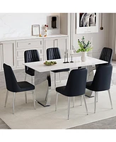 Snow Mountain White Dining Table Set with 6 Black Chairs