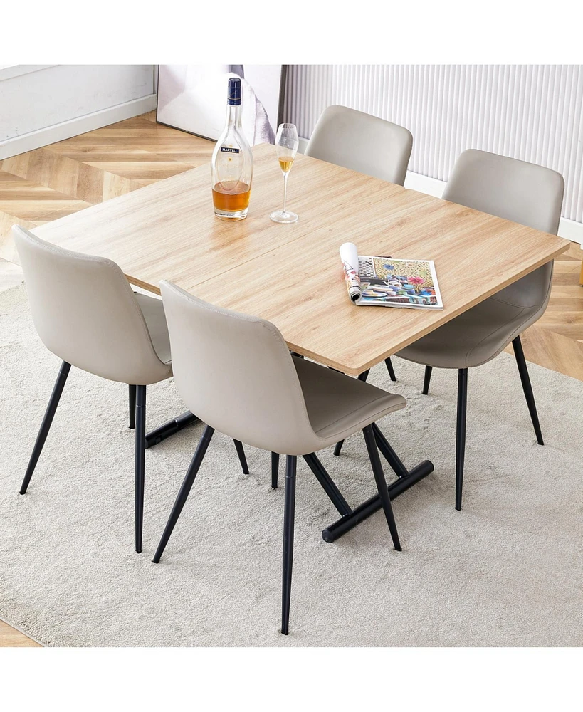 Modern 5-Piece Dining Set:- Lift Platform Table with Mdf Desktop- 4 Light Gray Faux Leather Chairs