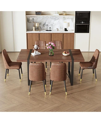 Industrial Walnut Dining Set with 6 Brown Suede Chairs