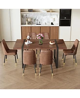 Industrial Walnut Dining Set with 6 Brown Suede Chairs