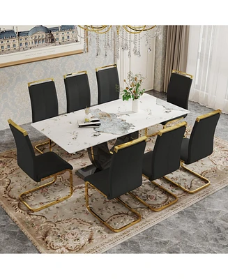 71" Subtle Luxury Pandora Glass Table with 8 Pu Chairs