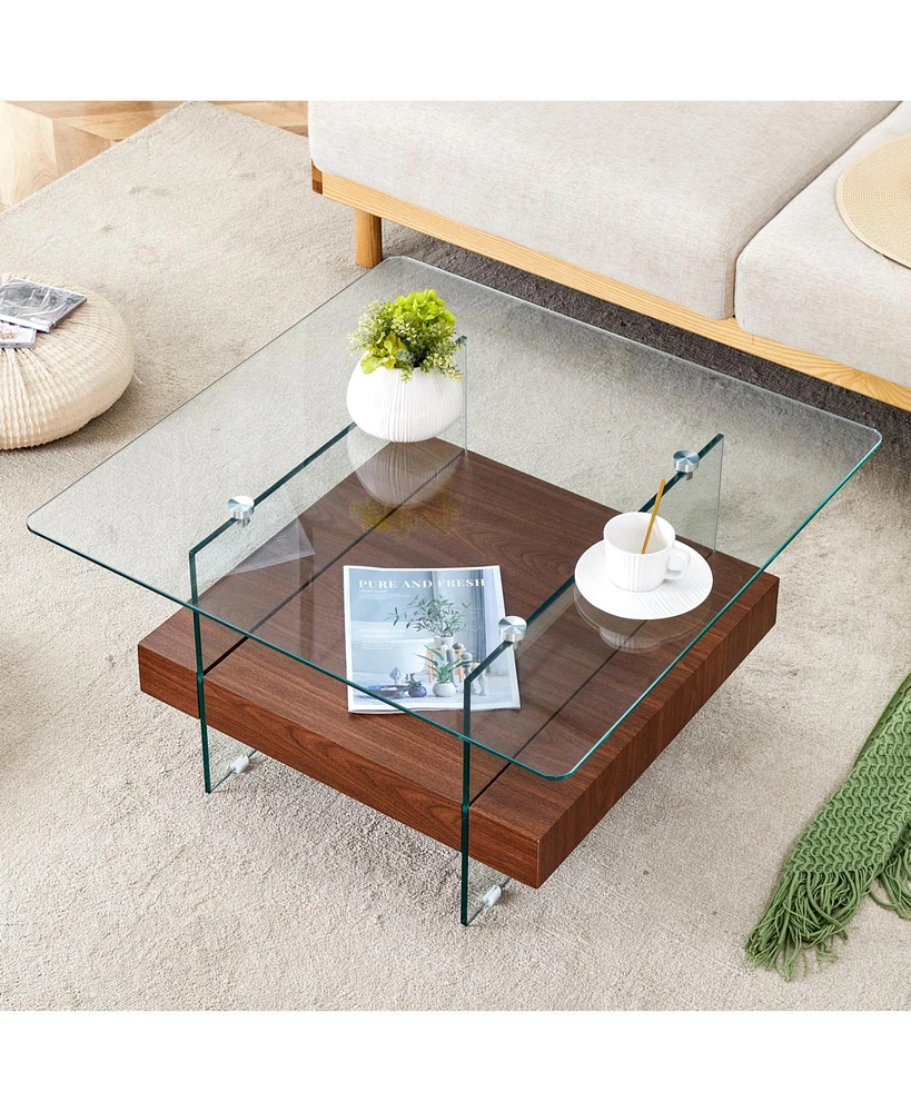 Modern Square Glass Coffee Table with Two Tiers (31.4
