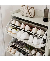 Natural Bohemia Style Shoe Cabinet, Shoe Rack Cabinet with 3 Rattan Flip Drawers,3 Square Shelves and 1 Storage Drawer, Shoe Organizer with Mulit Stor