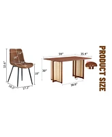 Walnut Dining Set: Wood Table, Rattan Legs, 4 Brown Tech-Fabric Chairs