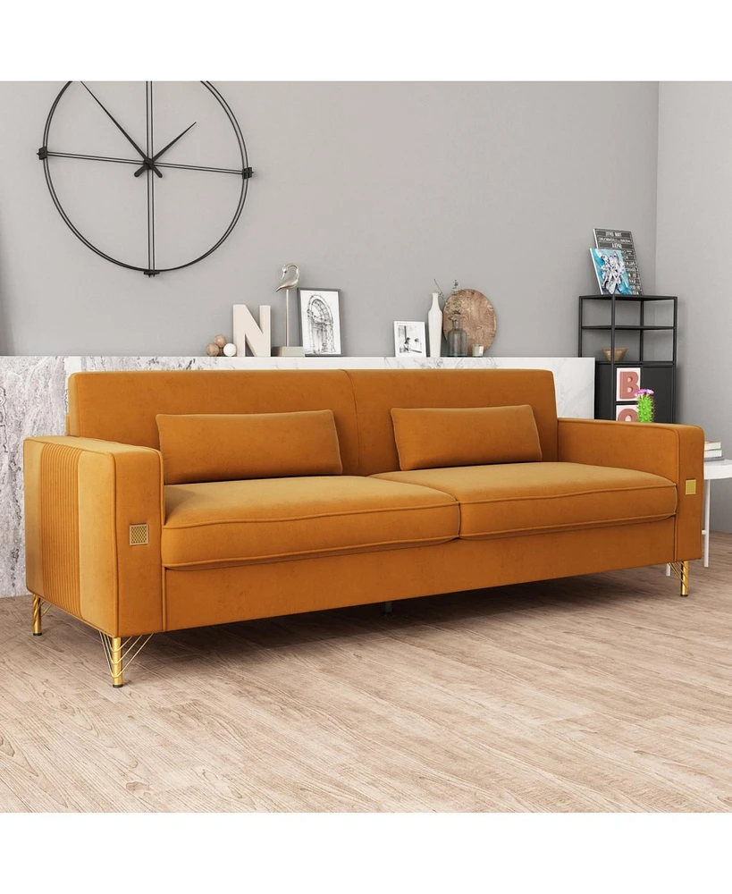 Gold Accented Velvet Sofa - 3-Seat Couch for Living Room and Office