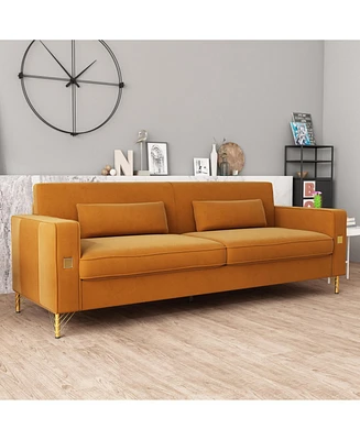 Gold Accented Velvet Sofa - 3-Seat Couch for Living Room and Office