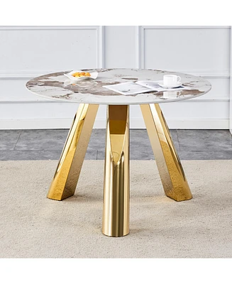 42-inch Round White Pattern Burning Stone Table with Gold Legs