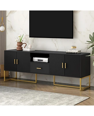 Modern Tv Stand for TVs up to 70", with Drawer, Cabinets, Metal Legs, Handles, and Safety Device