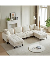 Oversized U-Shaped Corduroy Modular Sofa with Ottomans and Pillows