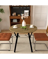 Brown Round Dining Table (35.43"), 2-4 Person, Metal Legs