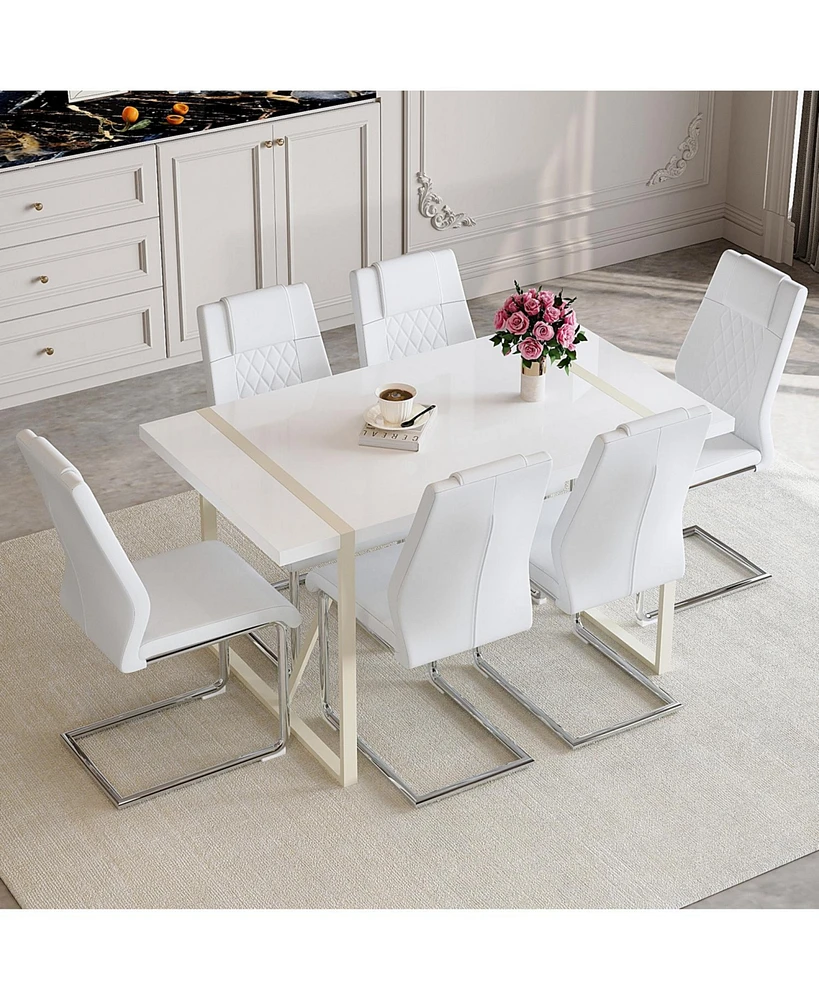 Cream-White Mdf Dining Table (55"x31") with 6 White Chairs & Silver Legs
