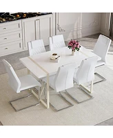 Cream-White Mdf Dining Table (55"x31") with 6 White Chairs & Silver Legs