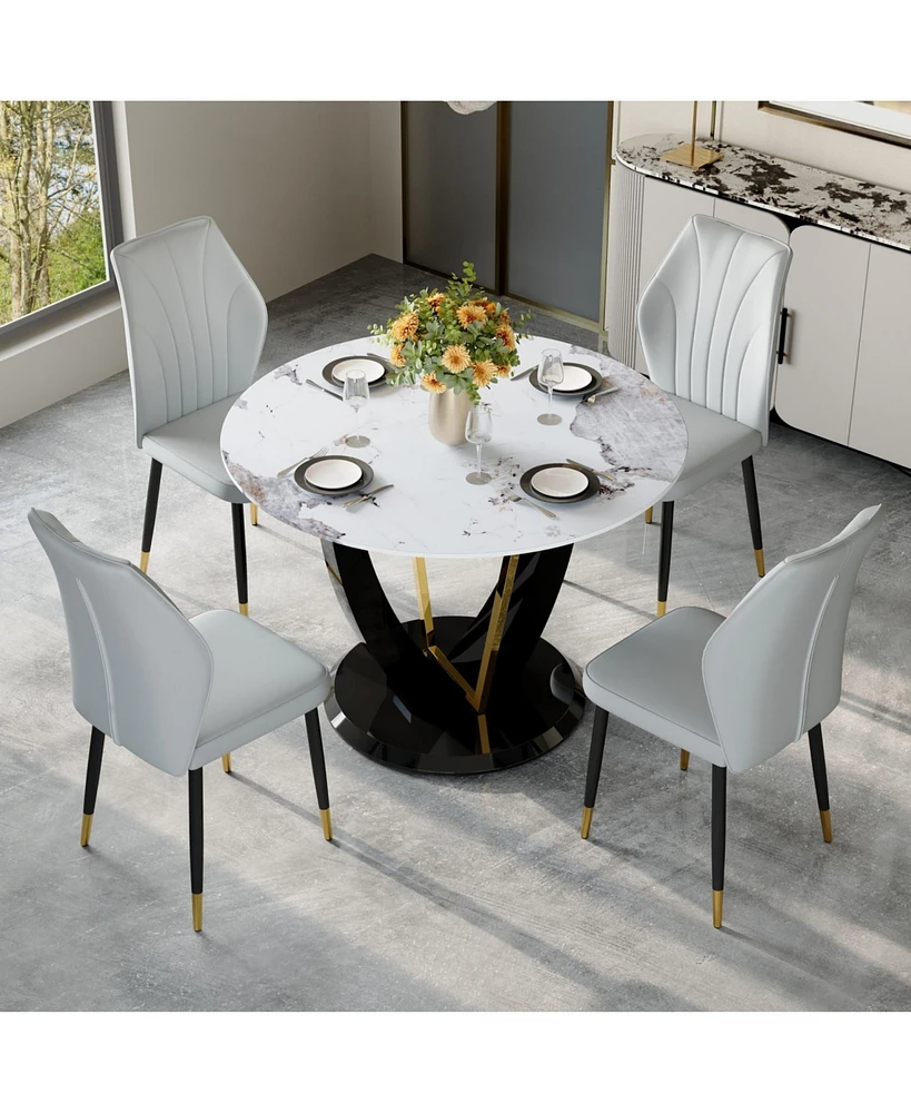 Pandora Marble Dining Table and Grey Pu Chairs with Widened Backrests