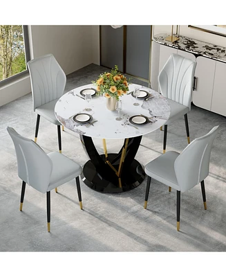 Pandora Marble Dining Table and Grey Pu Chairs with Widened Backrests