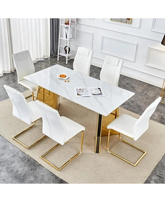 Luxurious 63" Sintered Stone Table with Golden Butterfly Legs & 6 Pu Chairs