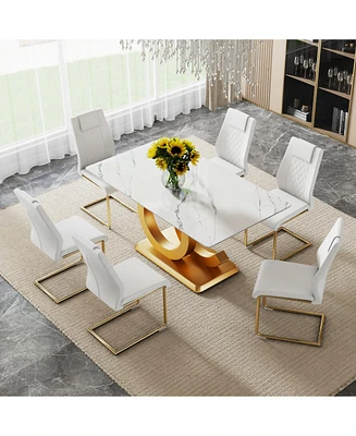 Luxury Tempered Glass Dining Set with 6 Pu Chairs (Arched Metal Gold Leg)