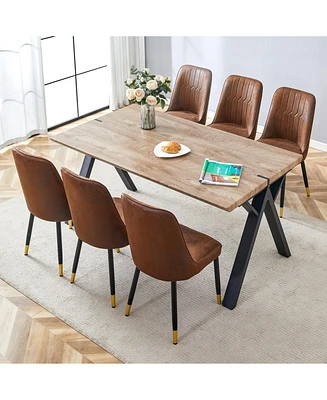 Wood-Textured Mdf Dining Table and Brown Suede Chairs Set