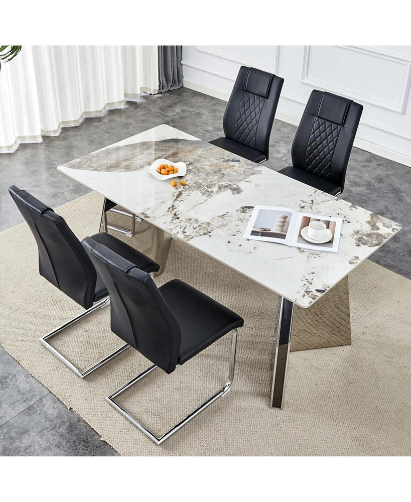 Luxurious Pandora Sintered Stone Table with Butterfly Legs & Black Pu Chairs