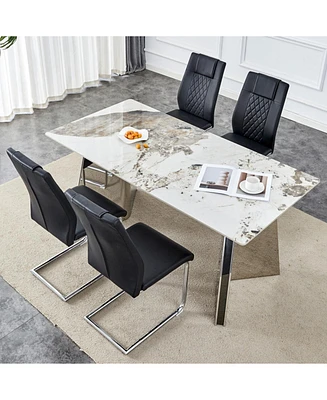 Luxurious Pandora Sintered Stone Table with Butterfly Legs & Black Pu Chairs