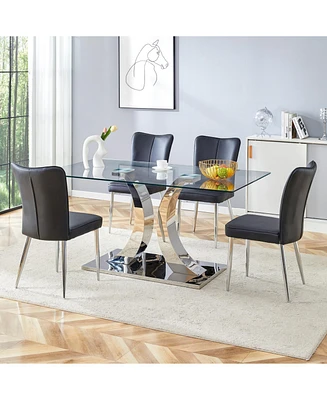 Modern Glass Dining Table with X-Shaped Legs and 4 Black Pu Chairs