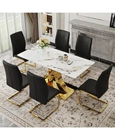 Luxurious Jade Sintered Stone Dining Table (63"x31.5") with X-Legs and 6 Black Pu Dining Chairs