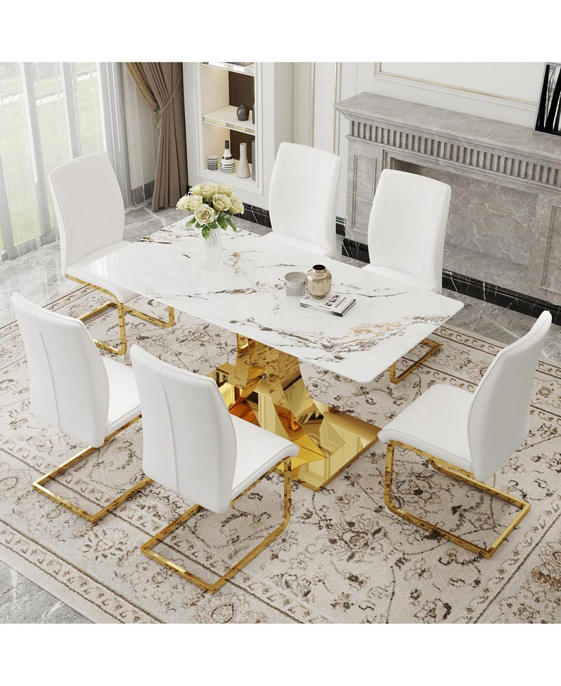 Jade Sintered Stone Dining Table with Golden X-Legs and 6 White Pu Dining Chairs