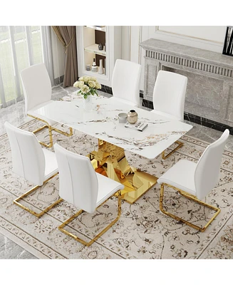 Jade Sintered Stone Dining Table with Golden X-Legs and 6 White Pu Dining Chairs