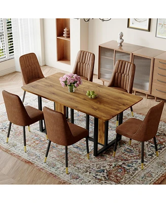 Wood-Textured Mdf Dining Table Set with 6 Armless Suede Chairs