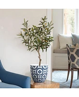 LuxenHome Blue and White Flower Pattern Round Tapered -Inch Tall Mgo Planter
