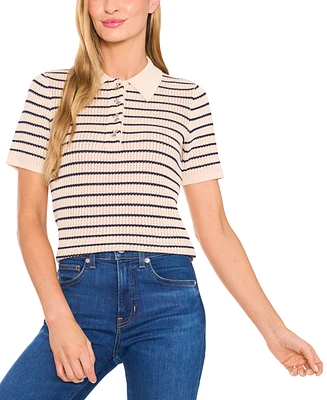 CeCe Women's Striped Short-Sleeve Polo Sweater