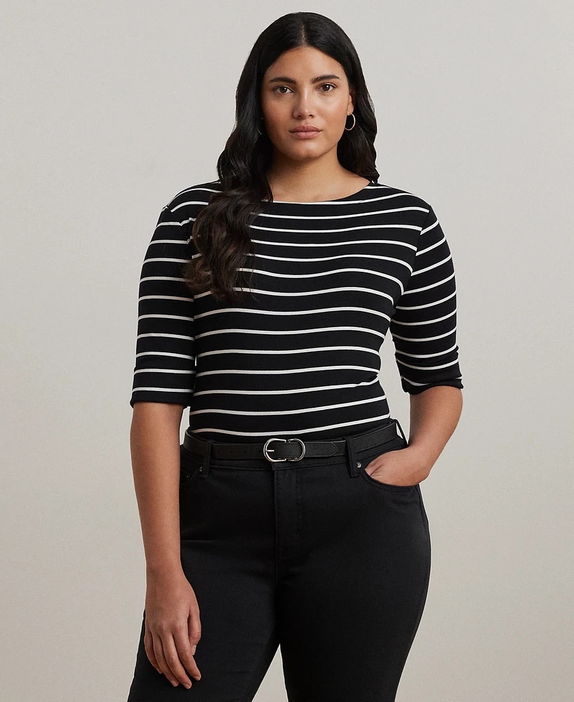 Lauren Ralph Plus Striped Cotton Boatneck T-Shirt