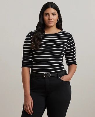 Lauren Ralph Plus Striped Cotton Boatneck T-Shirt
