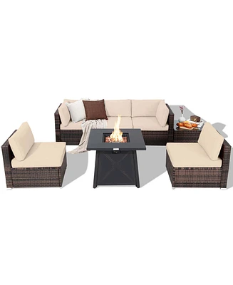7PCS Patio Rattan Furniture Set Fire Pit Table Cover Cushion