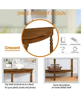 42'' Retro Circular Curved Half-Moon Console Table with Cloud Design Top and Open Shelf Solid Wood Frame and Legs, Brown