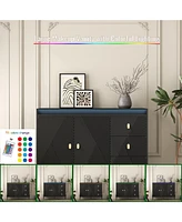 Buffets & Sideboards, Fluted Sideboard Cabinet, 2 Door 3 Drawer Design, with Led Lights,Acceent Black Sideboard