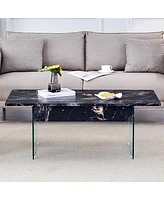 Multifunctional Lift Top Coffee Table with Tempered Glass Legs in Black Marble Pattern