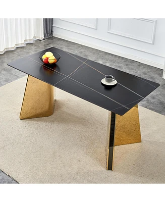 Black Marble-Patterned Dining Table with Golden Butterfly Legs (Heat-Resistant)