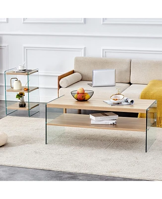 3-Tier Side Table & Coffee Table Set with Mdf Board and Tempered Glass